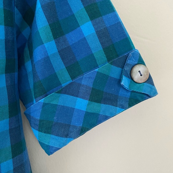 SOLD Vintage Handmade Turquoise Plaid Gingham Boatneck Top - Picture 9 of 9